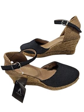 Paseart Spadrille Wedge Black/White Polka Dots Ankle Strap Sandals Sz 37 (7)